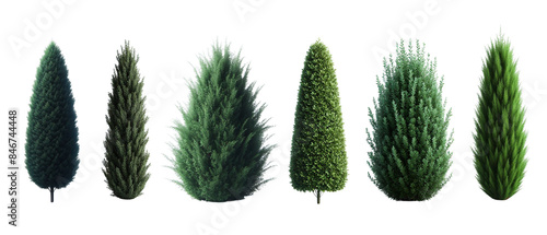 Set of five tall, narrow bush with green leaves isolated