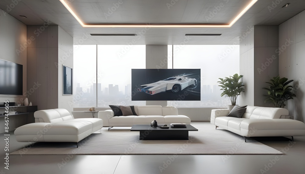 High end modern living room with white leather couch and a large flat screen tv mounted on the wall, brutalist architecture mixed with modern futuristic minimal design High end modern living room with white leather couch and a large flat screen tv mounted on the wall, brutalist architecture mixed with modern futuristic minimal design