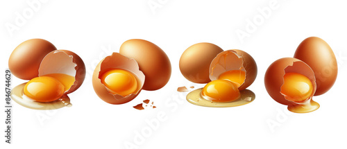 Set of chicken eggs, one of the eggshells cracked and the yolk inside was visible 