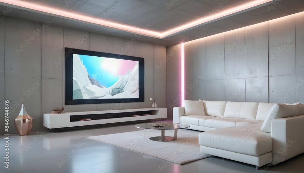 Obraz premium High end modern living room with white leather couch and a large flat screen tv mounted on the wall, brutalist architecture mixed with modern futuristic minimal design