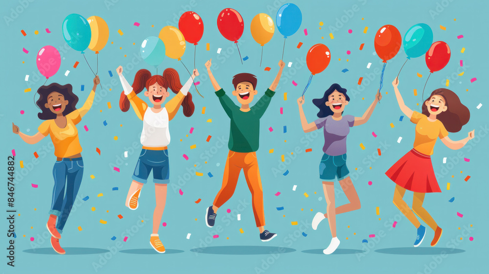 A group of people are jumping in the air with balloons. Scene is happy and celebratory A group of people are jumping in the air with balloons. Scene is happy and celebratory