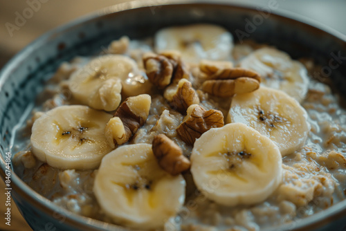 bowl of oatmeal topped with sliced banana and walnuts