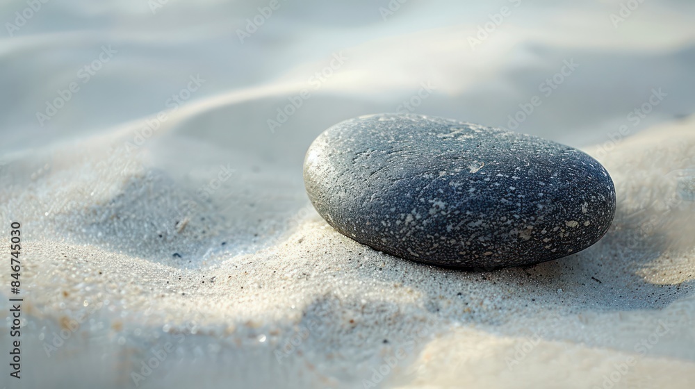 A black rock sits on a sandy beach A black rock sits on a sandy beach
