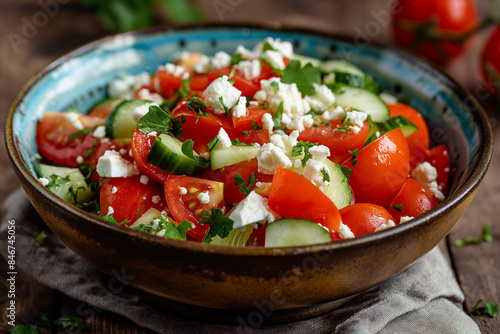 bowl of tomato and cucumber salad with feta cheese