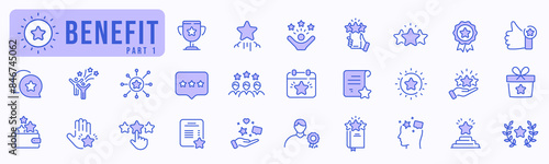Benefit filled line icon set. Reward, bonus, loyalty, star, winner, award etc