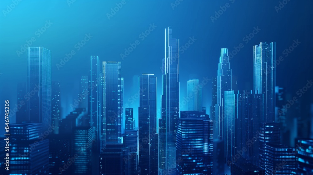 Modern Cityscape with Skyscrapers and Glass Buildings in Blue Shades Symbolizing Innovation and Technology. Representation of Digital Transformation in Real Estate Modern Cityscape with Skyscrapers and Glass Buildings in Blue Shades Symbolizing Innovation and Technology. Representation of Digital Transformation in Real Estate