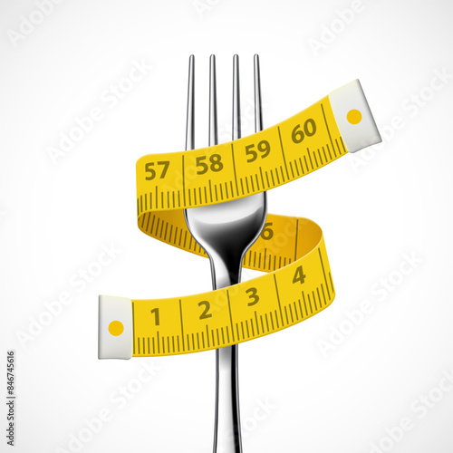 Measuring tape around fork. Weight loss and healthy eating. Stock vector illustration