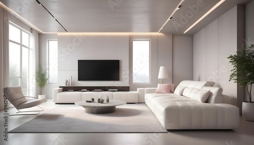 High end modern living room with white leather couch and a large flat screen tv mounted on the wall, brutalist architecture mixed with modern futuristic minimal design