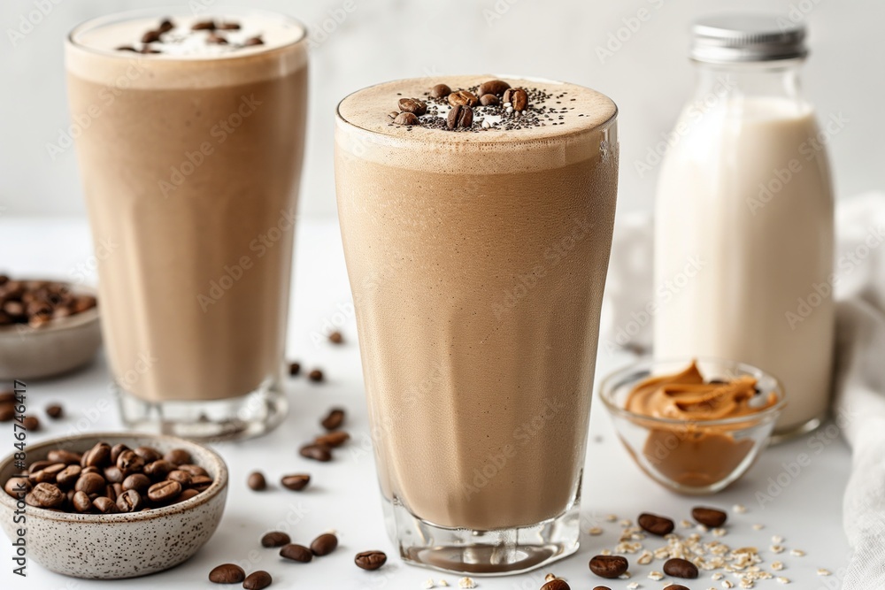Delicious coffee smoothie topped with chocolate chips and seeds, perfect for a refreshing morning Delicious coffee smoothie topped with chocolate chips and seeds, perfect for a refreshing morning