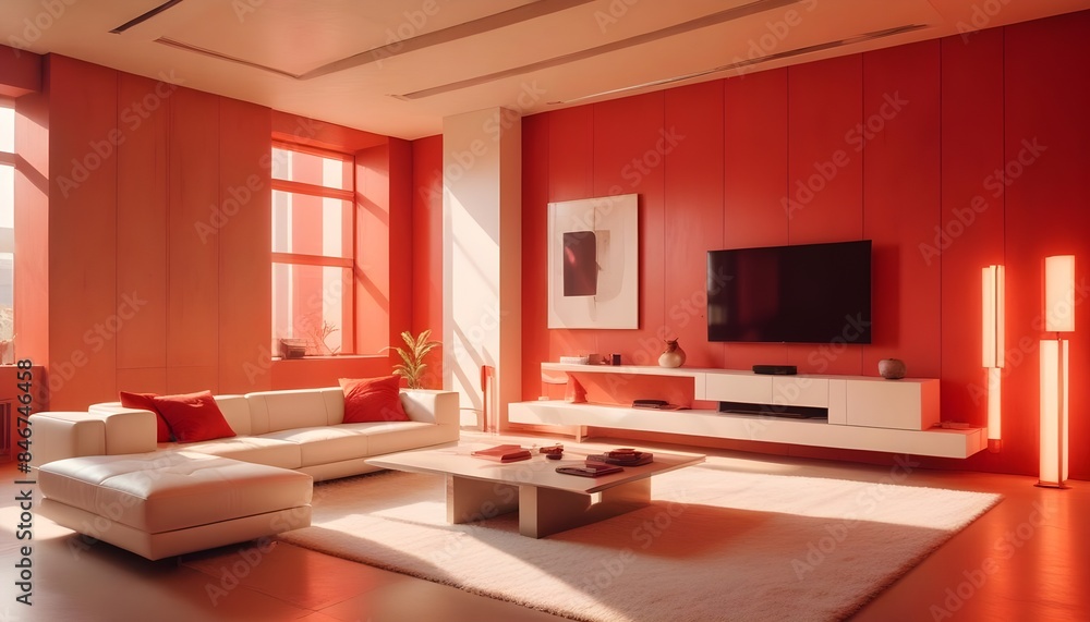 High end modern living room with white leather couch and a large flat screen tv mounted on the wall, brutalist architecture mixed with modern futuristic minimal design High end modern living room with white leather couch and a large flat screen tv mounted on the wall, brutalist architecture mixed with modern futuristic minimal design
