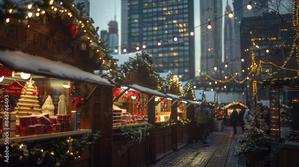 Obraz premium Christmas Market at Dusk in Urban Setting