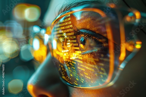 Close-up of a Person's Eye with Digital Code Reflected in Glasses