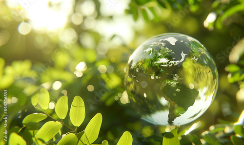 Pianeta Terra di vetro. Sfondo verde per presentazione. Spazio per messaggi. Abbiamo cura del nostro pianeta. photo