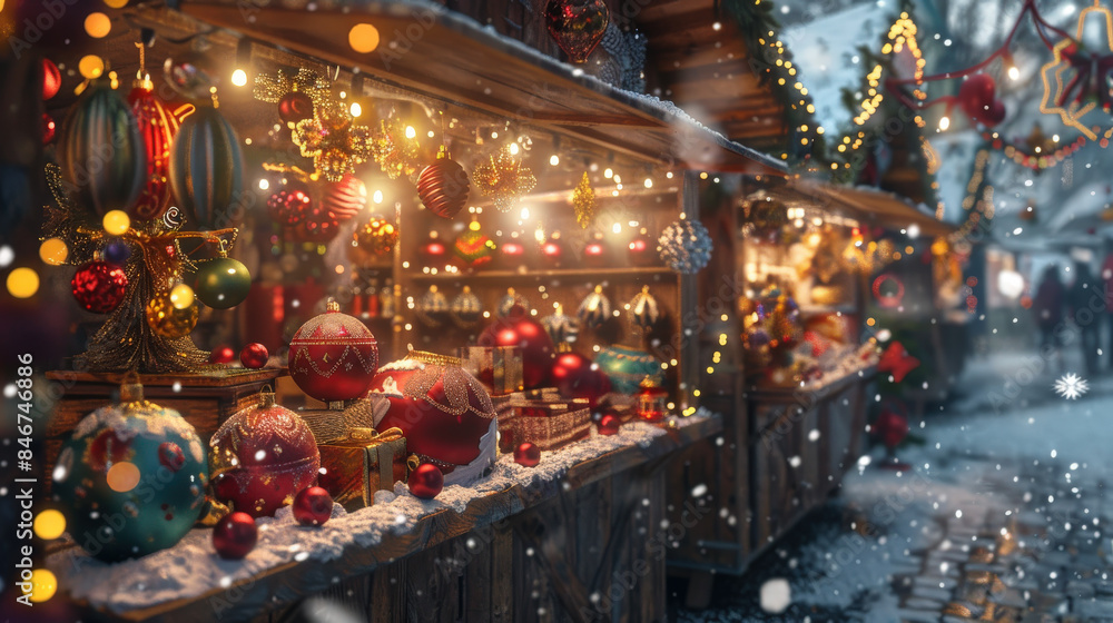 Christmas Market Stall at Evening,Dazzling Christmas market stall with festive decorations,twinkling lights,and light snowfall Christmas Market Stall at Evening,Dazzling Christmas market stall with festive decorations,twinkling lights,and light snowfall