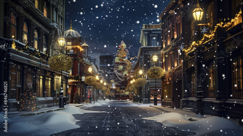Christmas night in a snowy city street scene