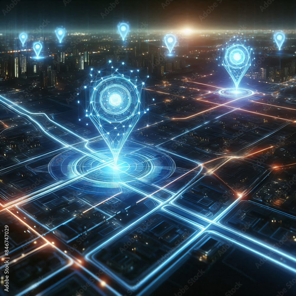 Obraz premium Futuristic city network with glowing location pins.