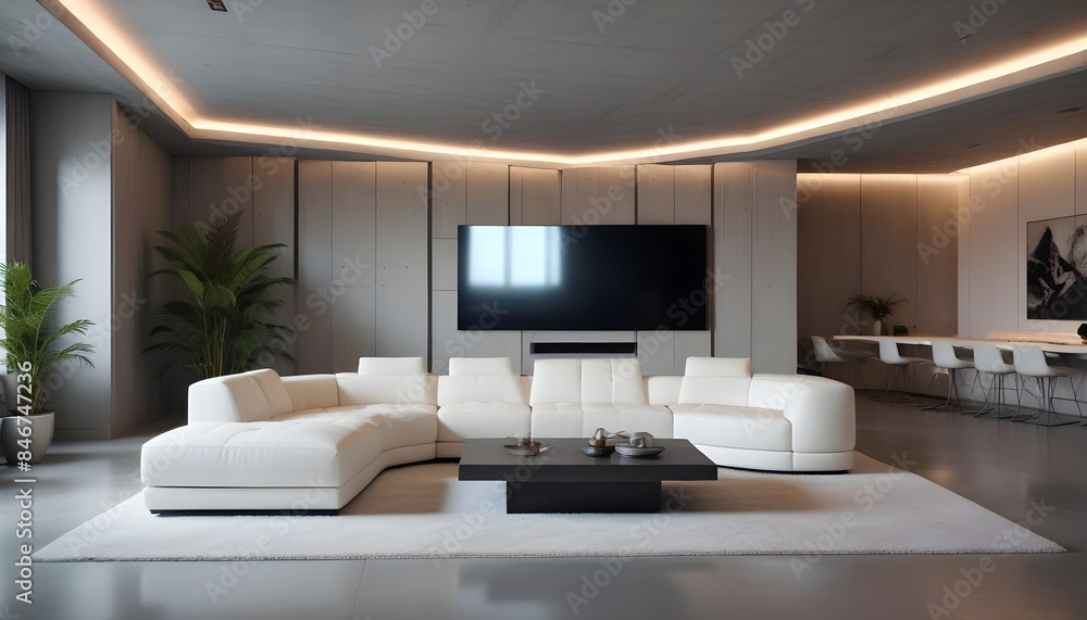 High end modern living room with white leather couch and a large flat screen tv mounted on the wall, brutalist architecture mixed with modern futuristic minimal design High end modern living room with white leather couch and a large flat screen tv mounted on the wall, brutalist architecture mixed with modern futuristic minimal design