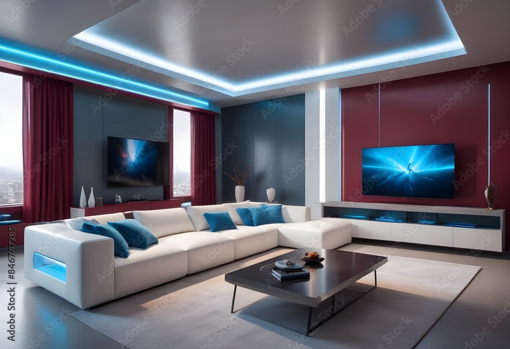 High end modern living room with white leather couch and a large flat screen tv mounted on the wall, brutalist architecture mixed with modern futuristic minimal design High end modern living room with white leather couch and a large flat screen tv mounted on the wall, brutalist architecture mixed with modern futuristic minimal design