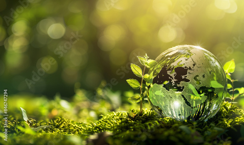 Pianeta Terra di vetro. Sfondo verde per presentazione. Spazio per messaggi. Abbiamo cura del nostro pianeta.