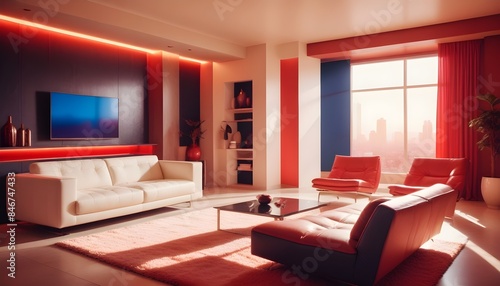 High end modern living room with white leather couch and a large flat screen tv mounted on the wall, brutalist architecture mixed with modern futuristic minimal design