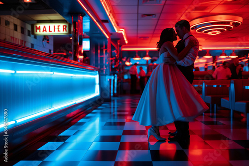 couple dancing in a 1950s-style diner with neon lights