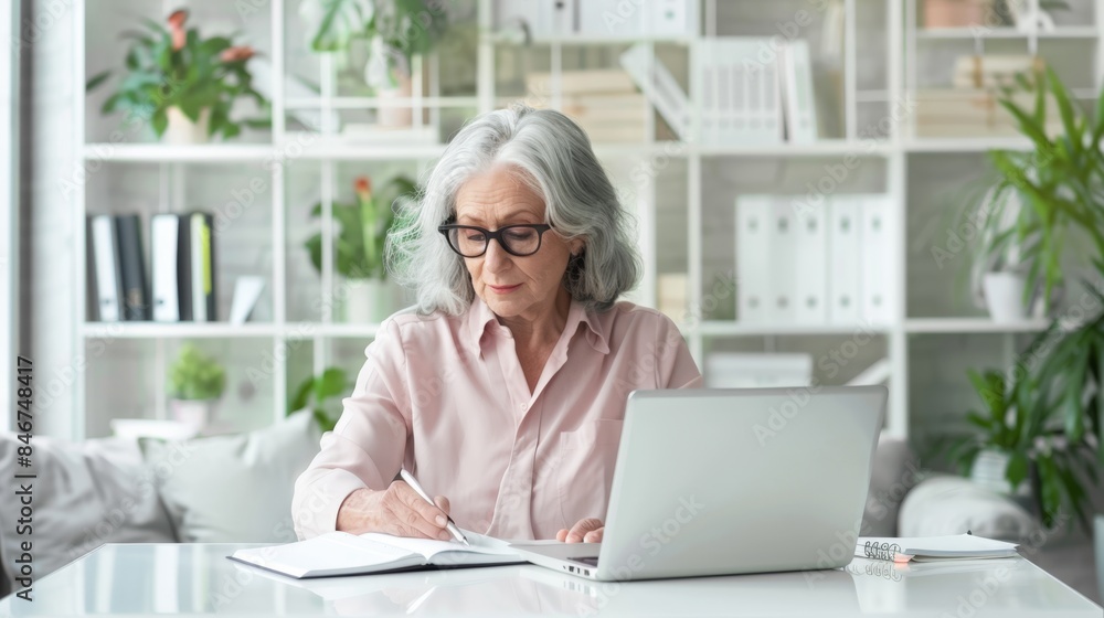 An elderly woman writing notes An elderly woman writing notes