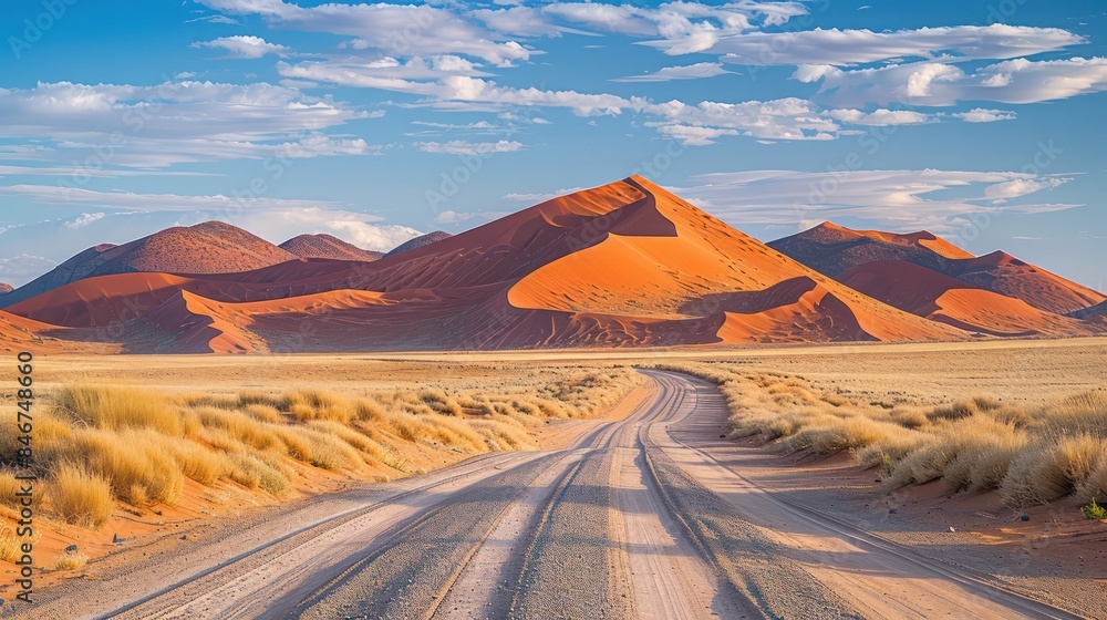 Naklejka premium A road in the desert with a mountain in the background