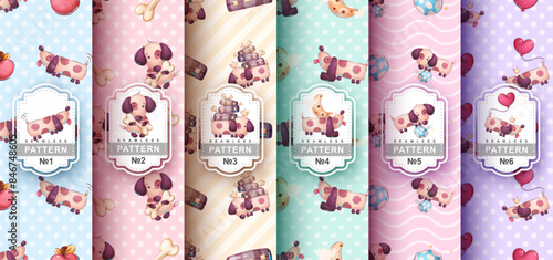 Seamless pattern cartoon character adorable dog, pretty zoo idea for print t-shirt, poster and kids envelope, postcard. Cute hand drawn style wildlife
