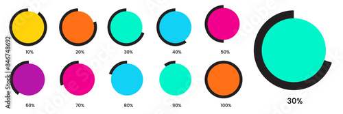 Pie chart color icons. 10 to 100 percent Colorful diagram collection. pie chart for infographic, UI, web design, business presentation.