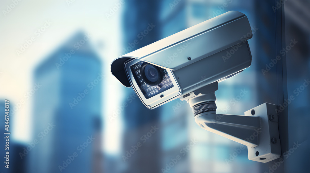 CCTV security camera in a city with business building on background CCTV security camera in a city with business building on background