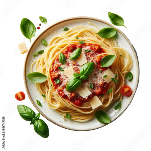 A perfectly cooked plate of spaghetti with marinara sauce, garnished with fresh basil leaves and Parmesan cheese 