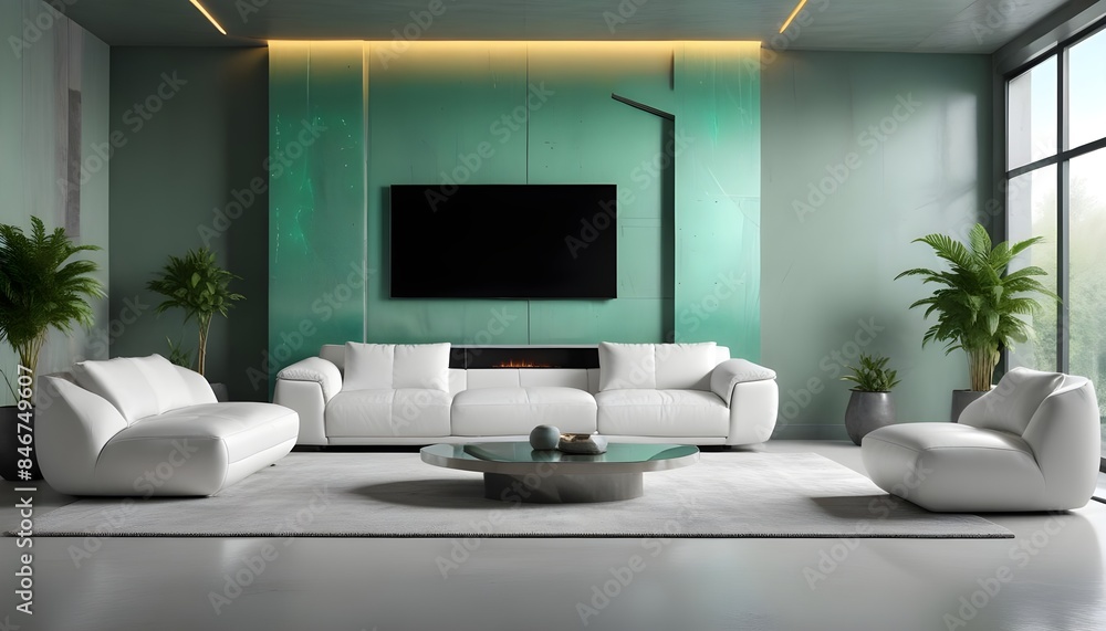 High end modern living room with white leather couch and a large flat screen tv mounted on the wall, brutalist architecture mixed with modern futuristic minimal design High end modern living room with white leather couch and a large flat screen tv mounted on the wall, brutalist architecture mixed with modern futuristic minimal design