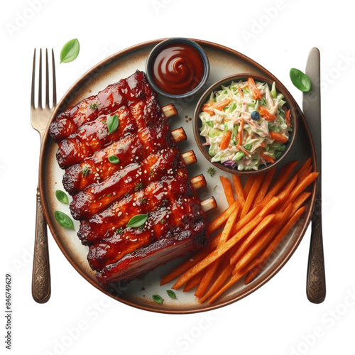 A rack of succulent, glazed pork ribs coated in a rich barbecue sauce, served with a side of coleslaw