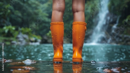 Youthful legs clad in orange boots amidst rain and natural surroundings with wildlife elements © familymedia