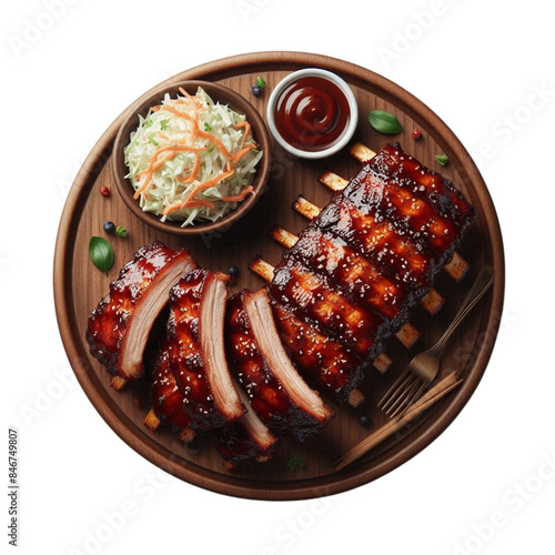 A rack of succulent, glazed pork ribs coated in a rich barbecue sauce, served with a side of coleslaw