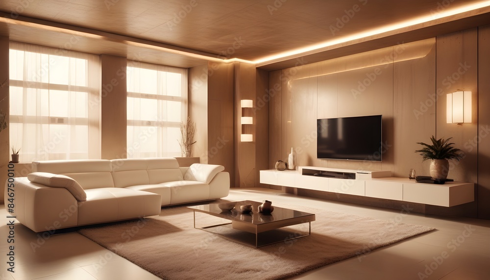 High end modern living room with white leather couch and a large flat screen tv mounted on the wall, brutalist architecture mixed with modern futuristic minimal design High end modern living room with white leather couch and a large flat screen tv mounted on the wall, brutalist architecture mixed with modern futuristic minimal design