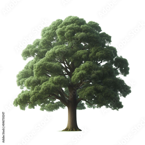 A tall, lush evergreen oak tree with a wide canopy isolated on transparent