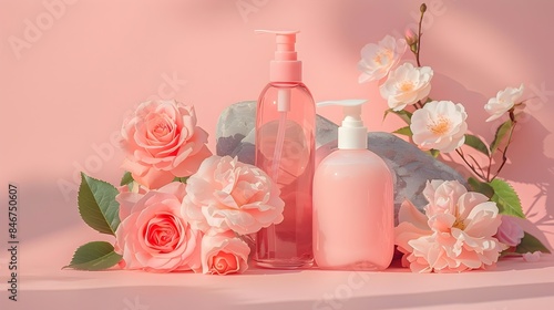 Elegant Pink Roses and Skincare Bottles on Pastel Background