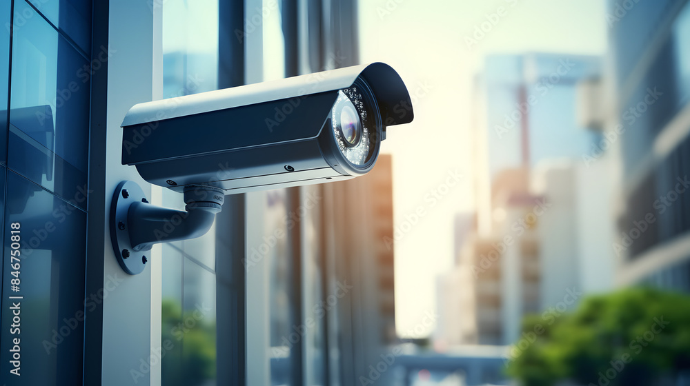 CCTV security camera in a city with business building on background CCTV security camera in a city with business building on background
