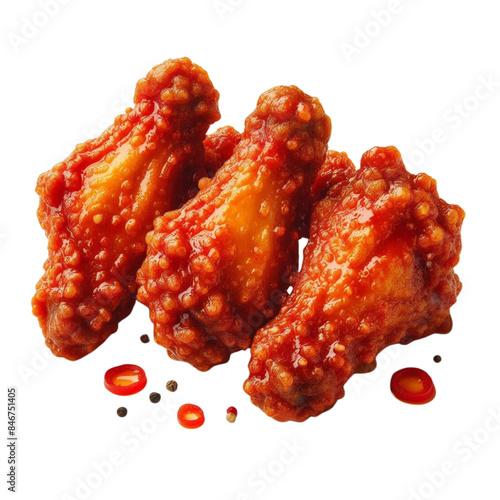 spicy fried chicken wings with a crispy, red-hued coating, glistening with a hint of hot sauce isolated on transparent