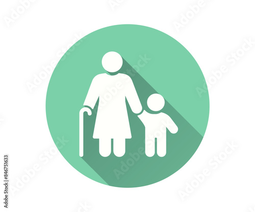 Grandmother and grandchild icon, vector flat design with long shadow. Showcases a senior woman holding the hand of a young child, set within a green circle.