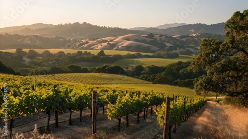 Lush Vineyard Panorama with Golden Sunlight and Rolling Hills