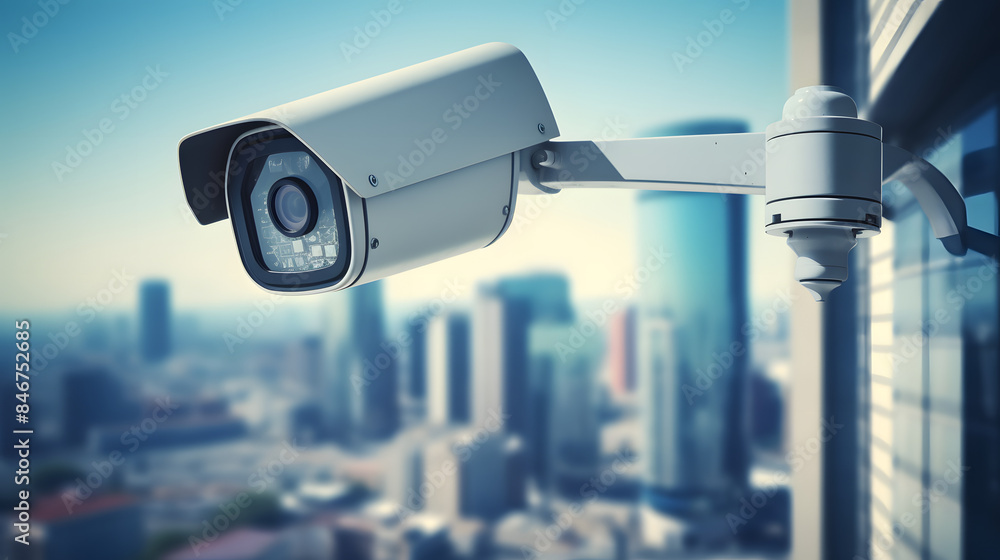 CCTV security camera in a city with business building on background