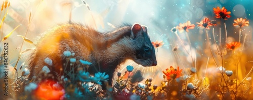A whimsical, digitally illustrated rodent in a vibrant field of flowers, capturing the essence of nature with soft light and vivid colors.