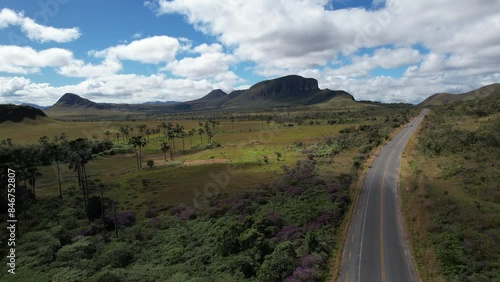 Drone video of Morro da Baleia and highway in Alto Paraíso de Goiás, Jardim de Maytrea, Chapada dos Veadeiros, Brazil photo