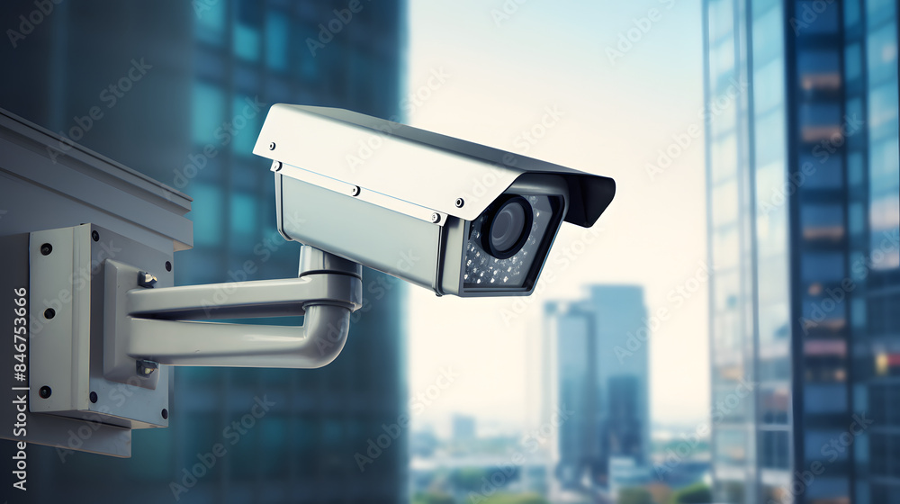 CCTV security camera in a city with business building on background CCTV security camera in a city with business building on background
