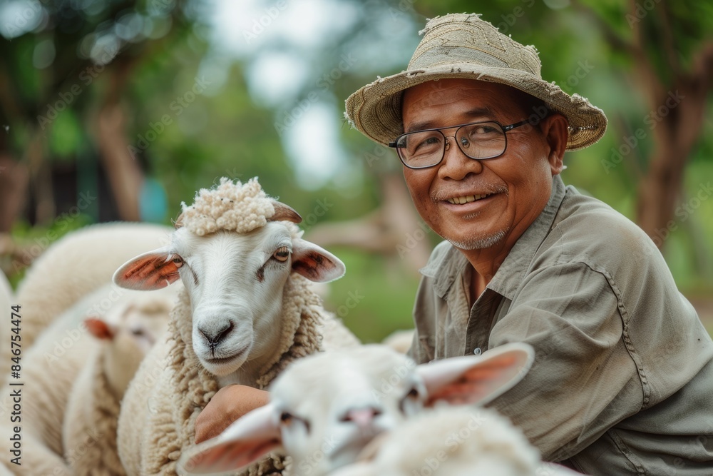 An Asian Muslim man gives out grass to feed the goats in a livestock farm, preparing for sacrifices during Eid Al Adha. An Asian Muslim man gives out grass to feed the goats in a livestock farm, preparing for sacrifices during Eid Al Adha.