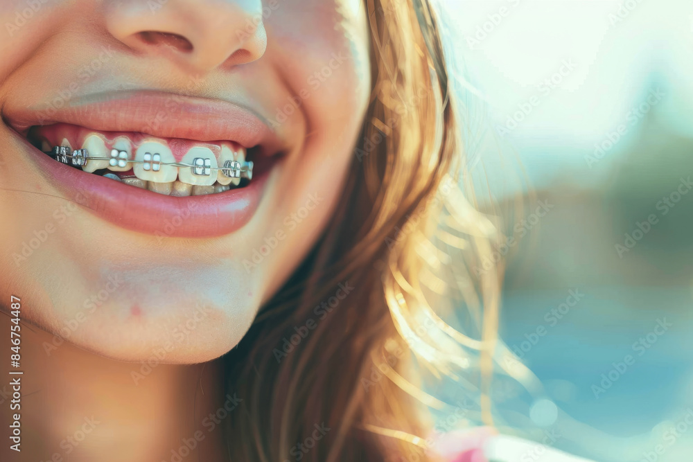 A photo of a beautiful smile of a girl with braces on her teeth. Orthodontic treatment. A healthy smile. Metal braces on the teeth. A photo of a beautiful smile of a girl with braces on her teeth. Orthodontic treatment. A healthy smile. Metal braces on the teeth.