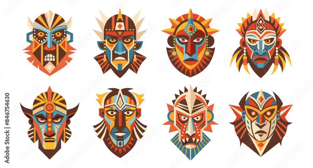 Tribal Ethnic african mask set. Tribal ritual symbols. African masks, totems, amulets. Illustration Tribal Ethnic african mask set. Tribal ritual symbols. African masks, totems, amulets. Illustration