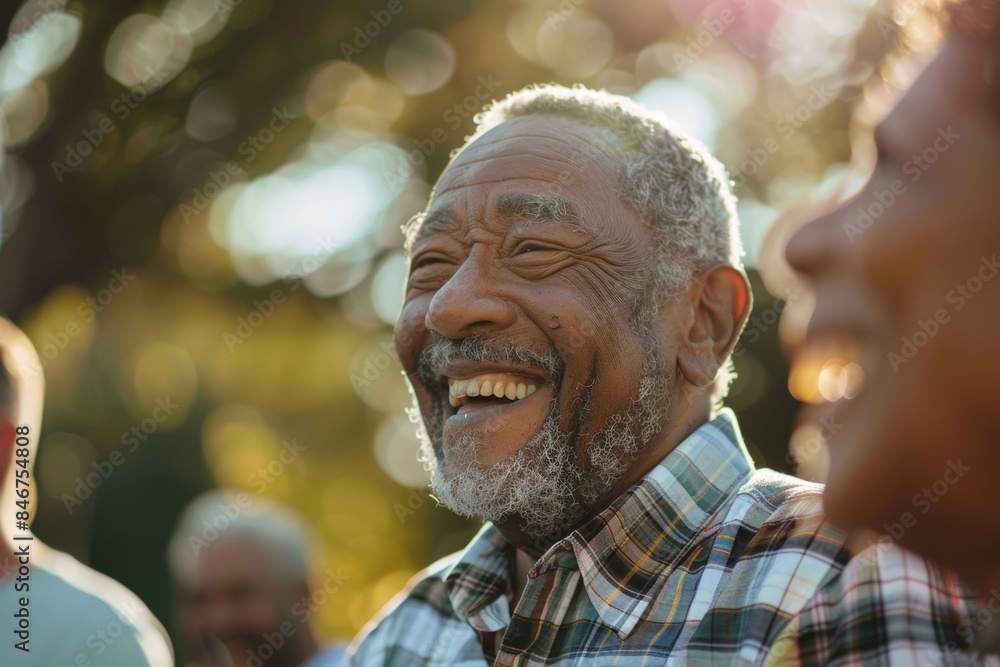 Fototapeta premium Two adult sons and a senior black man laughing, close-up